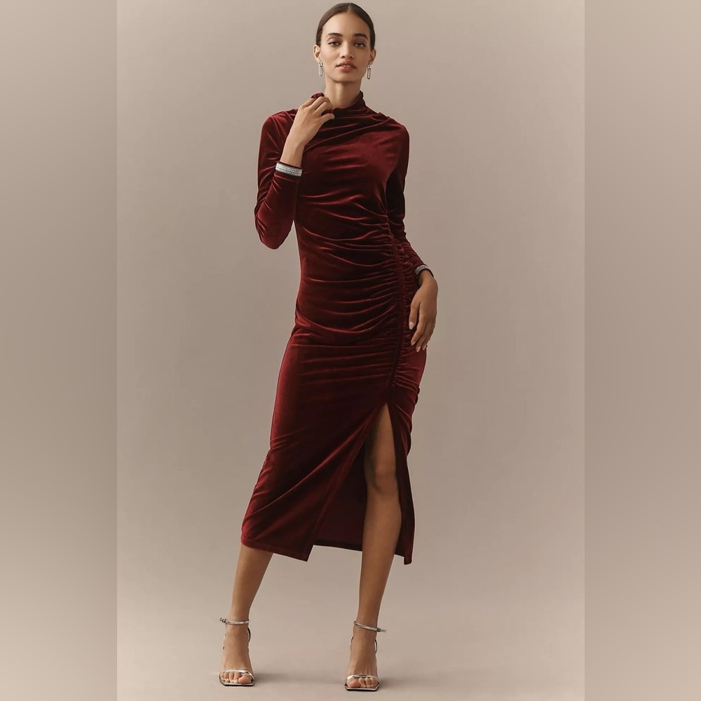 The Maya Ruched Cowl-Neck Dress: Velvet Long-Sleeve Edition